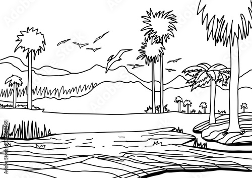 Mountain landscape. Dinosaur coloring book for children and adults. Stylish hand drawn antistress coloring page. Vector outline illustration.