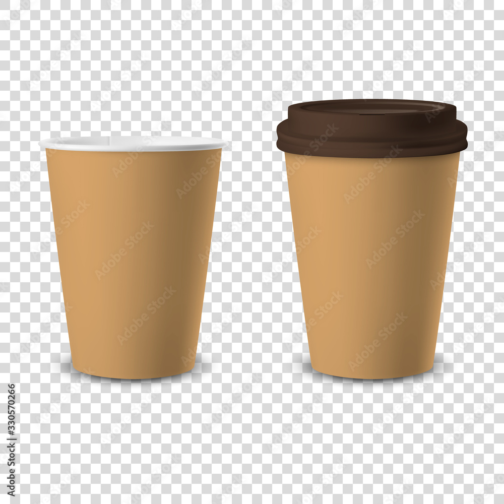 Vector 3d Realistic Brown Disposable Opened and Closed with Brown Lid Paper, Plastic Coffee Cup for Drinks Icon Set Closeup Isolated on Transparent Background. Design Template, Mockup. Front View Vector 3d Realistic Brown Disposable Opened and Closed with Brown Lid Paper, Plastic Coffee Cup for Drinks Icon Set Closeup Isolated on Transparent Background. Design Template, Mockup. Front View