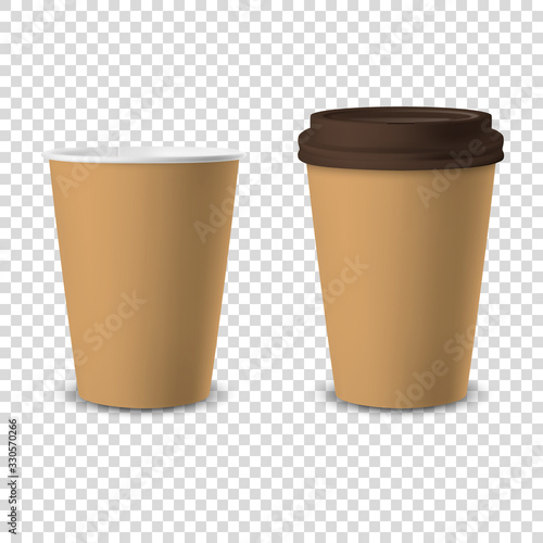 Vector 3d Realistic Brown Disposable Opened and Closed with Brown Lid Paper, Plastic Coffee Cup for Drinks Icon Set Closeup Isolated on Transparent Background. Design Template, Mockup. Front View