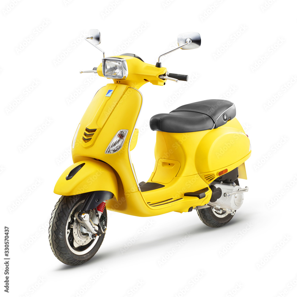 Yellow Retro Vintage Scooter Isolated on White Background. Modern Personal  Transport. Classic Motor Scooter Side View. Electric Motorcycle with Step  Through Frame. 3D Rendering foto de Stock | Adobe Stock