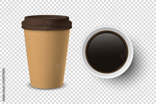 Vector 3d Realistic Brown Disposable Closed and Opened Paper, Plastic Coffee Cup for Drinks with White Lid Set Closeup Isolated on Transparent Background. Design Template, Mockup. Top and Front View