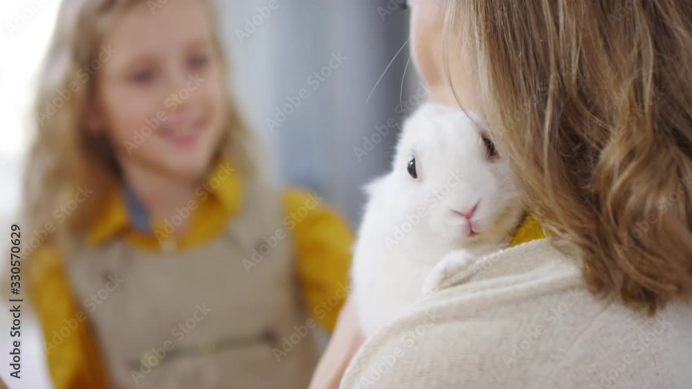 Handheld close up shot of girl smiling and petting cute bunny held by her mother Handheld close up shot of girl smiling and petting cute bunny held by her mother
