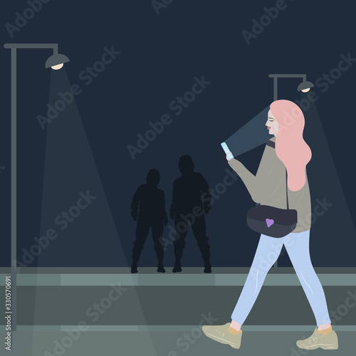 Girl walking alone at night. Vector.