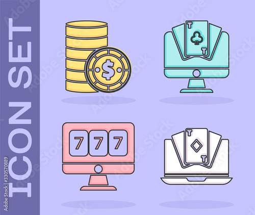 Set Online poker table game, Casino chip with dollar, Online slot machine with lucky sevens jackpot and Online poker table game icon. Vector
