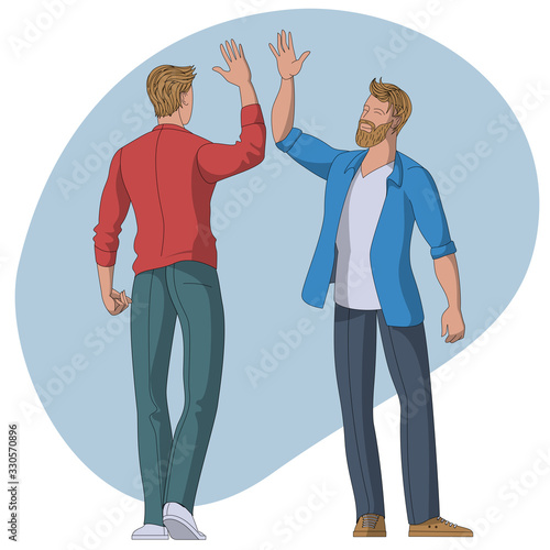 Young collegues people giving high five. Cheerful friends and colleagues informal greeting. Flat design cartoone style vector concept.