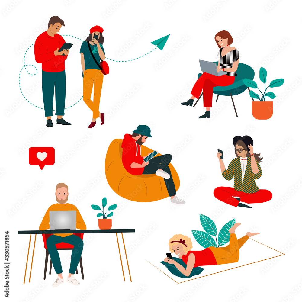 Colorful people set of communication via the Internet, social networking, web site, search friends, messages, video, chat. People work and communicate using the Internet and modern gadgets. Vector Colorful people set of communication via the Internet, social networking, web site, search friends, messages, video, chat. People work and communicate using the Internet and modern gadgets. Vector