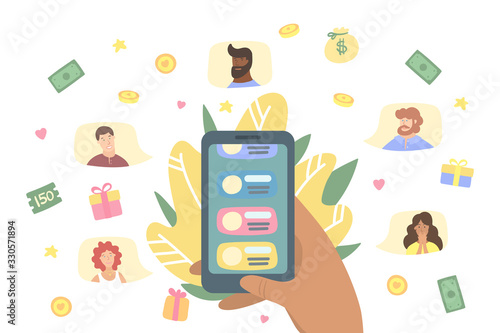 Refer a friend concept. Attract friend. Dark skinned hand choose people from the list of contacts. Friend sharing referral code concept. Referral marketing banner, landing page, mobile app - vector