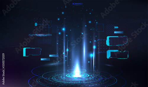 HUD circle hologram for presentation UI, UX, GUI design. Sci-fi dashboard with Futuristic User Interface HUD. Innovation presentation template. Vector FUI holographic base