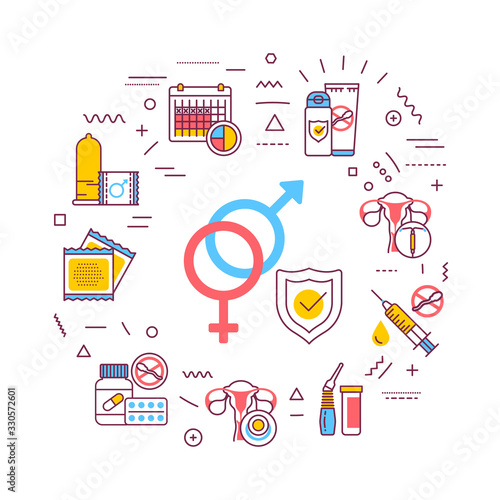 Contraceptive web banner. Safety sex. Birth control elements: intrauterine, oral, hormonal and protective. Infographics with linear icons on pink background. Creative idea concept.