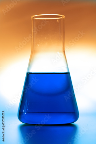 Retort with blue chemical reagent