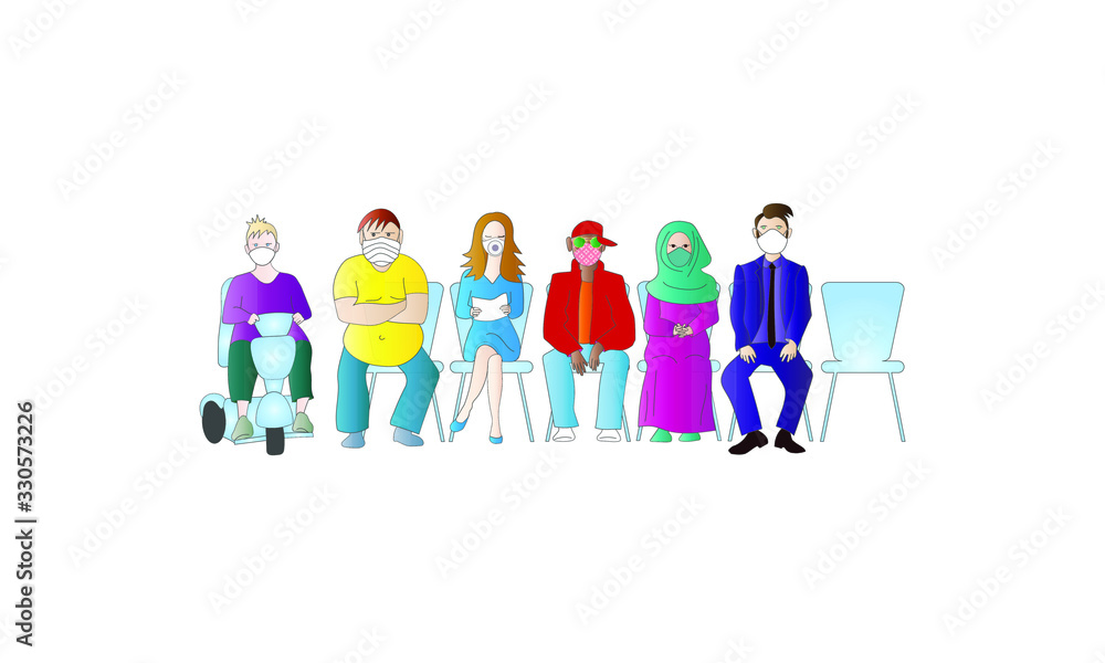 Several people sitting on chairs in a waiting room. They all wear a mask against the Corona virus. Several people sitting on chairs in a waiting room. They all wear a mask against the Corona virus.