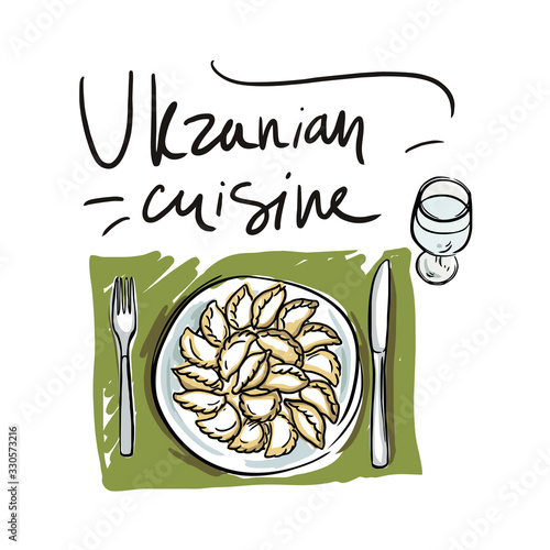 Illustration of a plate with dumplings. Ukrainian food.