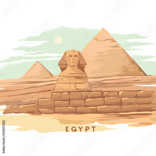 Colorful hand-drawn vector illustrations of the pyramid of Giza, Sphinx, Egypt hand-drawn in a white background.