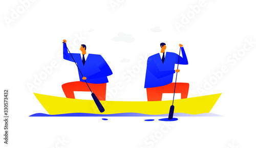 Illustration of two businessmen in a boat. Vector. One team in the face of two leaders is swimming in different directions. Conflict of two interests. Metaphor. Sora of two partners. The leaders of th