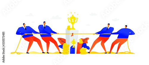 Illustration of two teams pulling a rope. Vector. Competitions between businessmen. Metaphor. Team sport. The battle for trophies, money and success. Conflict of interests of two businesses. Flat illu