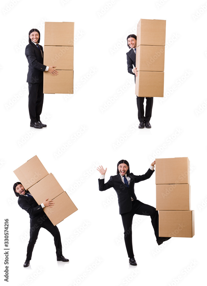 Funny man with boxes on white Funny man with boxes on white