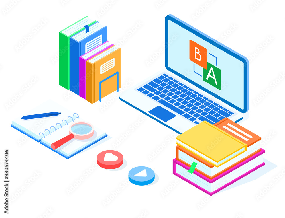 Online education language concept. Laptop, stack of books with a magnifier and button with heart, isometric vector