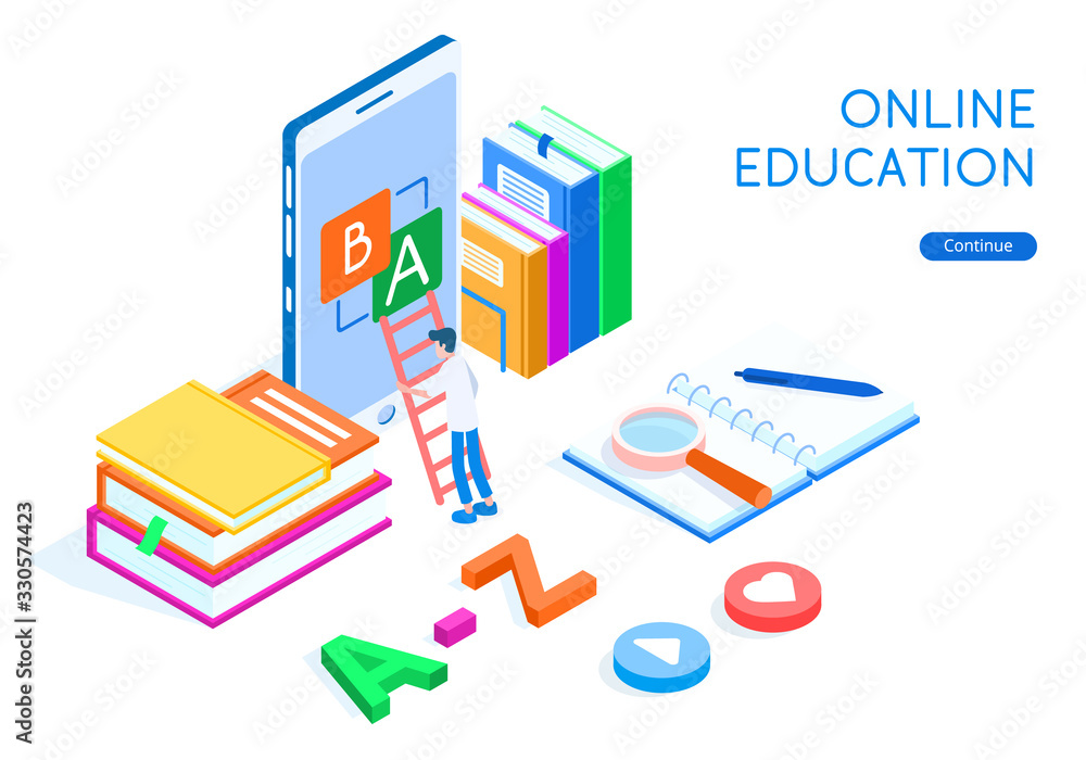 Online education language with student concept. Laptop, stack of books with a magnifier and button with heart, isometric vector Online education language with student concept. Laptop, stack of books with a magnifier and button with heart, isometric vector