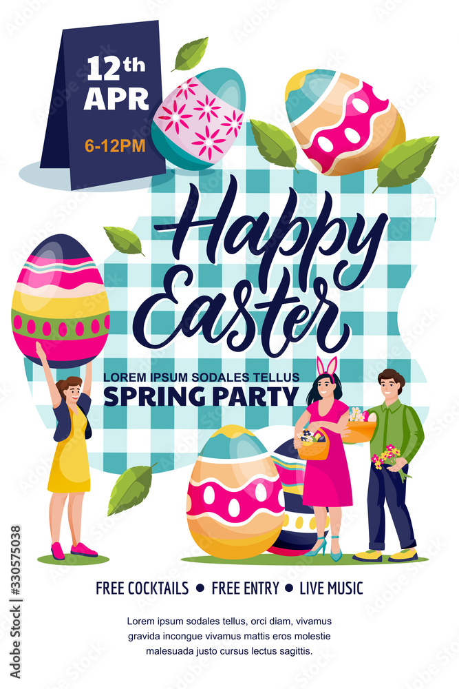 Obraz premium Happy Easter party poster, banner design layout. Vector illustration. Young people with painting Easter eggs and baskets