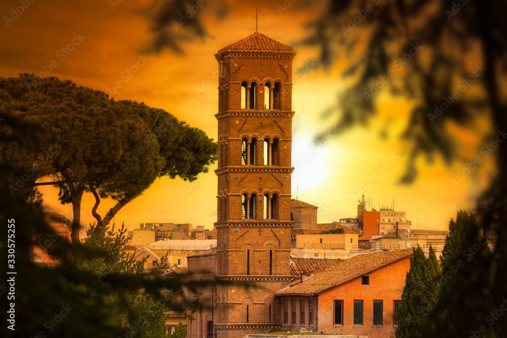 Naklejka premium Architecture of the old town in Rome at sunset, Italy