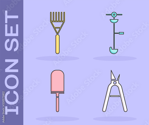 Set Gardening handmade scissors, Garden rake, Garden trowel spade or shovel and Grass and weed electric string trimmer icon. Vector