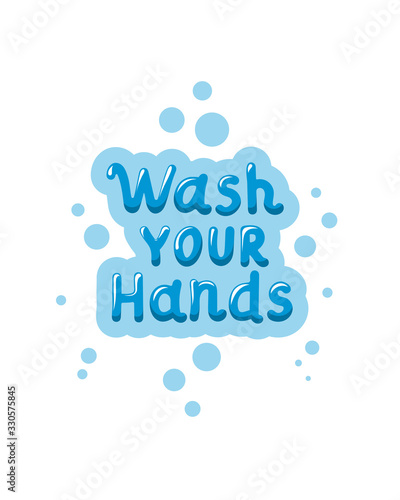 wash your hands often. soap bubble doodle lettering vector. hand drawn illustration. Poster, sticker, badge