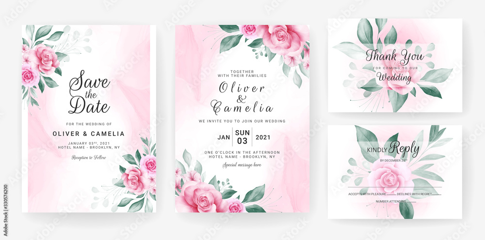 Floral wedding invitation card template set with watercolor flowers arrangements and border. Greenery decoration for save the date, greeting, menu, thank you, cover. Botanic illustration vector
