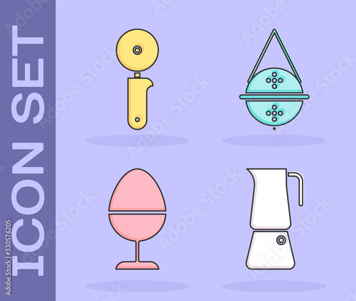 Set Moka pot, Pizza knife, Chicken egg on a stand and Ball tea strainer icon. Vector