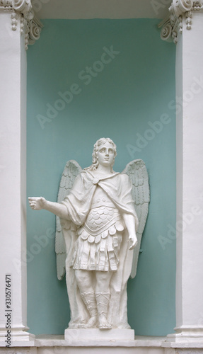 Archangel Michael. Sculpture in niche of southern façade of Demetrius Cathedral of Spaso-Yakovlevsky Monastery (1801), Monastery of St. Jacob Saviour, situated to left from Rostov kremlin, it was fou