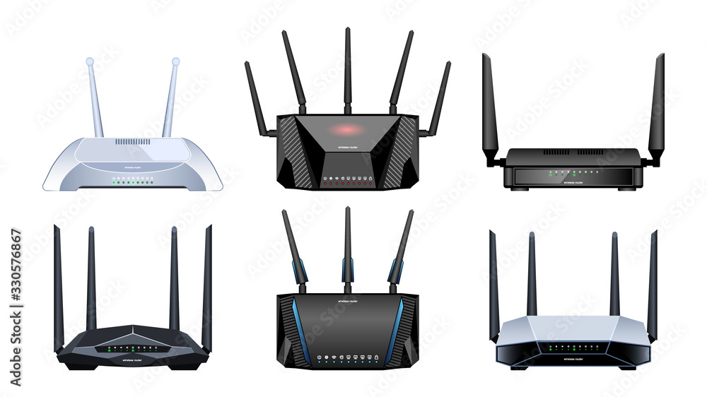 Router vector realistic set icon. Vector illustration internet modem on white background . Realistic set icon router. - obrazy, fototapety, plakaty 