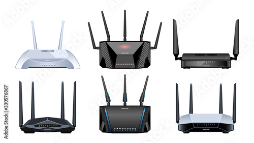 Router vector realistic set icon. Vector illustration internet modem on white background . Realistic set icon router.
