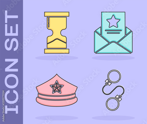 Set Handcuffs, Old hourglass, Police cap with cockade and The arrest warrant icon. Vector