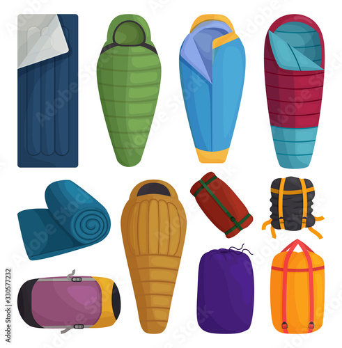 Sleeping bag isolated vector illustration on white background . Cartoon set icon camping bed. Vector cartoon set icon sleeping bag.