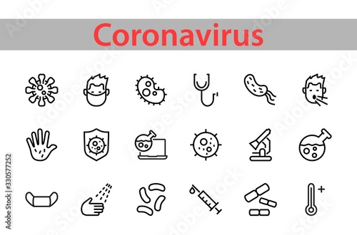 CORONAVIRUS a set of icons on the theme of Coronavirus, contains such icons as nucleation, hand washing, mask, bacteria, sneezing, Editable stroke, on a white background