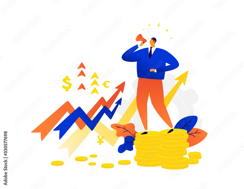 Illustration of a businessman speaking into a megaphone. The fall of stocks, assets, bonds. Exchange rates. Graphs of falling and rising currencies. Price increases and inflation. Flat illustration. Illustration of a businessman speaking into a megaphone. The fall of stocks, assets, bonds. Exchange rates. Graphs of falling and rising currencies. Price increases and inflation. Flat illustration.