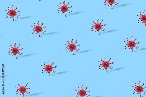 Coronavirus 2019-ncov flu infection medical illustration. Microscopic view of floating pathogen respiratory influenza virus cells. Dangerous asian corona virus, pandemic background covid-19