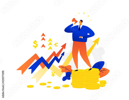Illustration of a businessman speaking into a megaphone. The fall of stocks, assets, bonds. Exchange rates. Graphs of falling and rising currencies. Price increases and inflation. Flat illustration.
