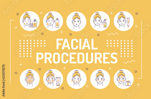 Facial procedures word lettering typography. Female skin care. Cleansing, toning, moisturizing. Infographics with linear icons on beige background. Creative idea concept