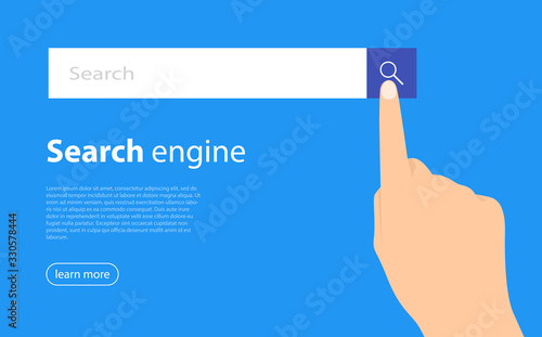 Finger clicking a search button. SEO - Search Engine Optimisation. Searching browsing internet data information networking concept.
