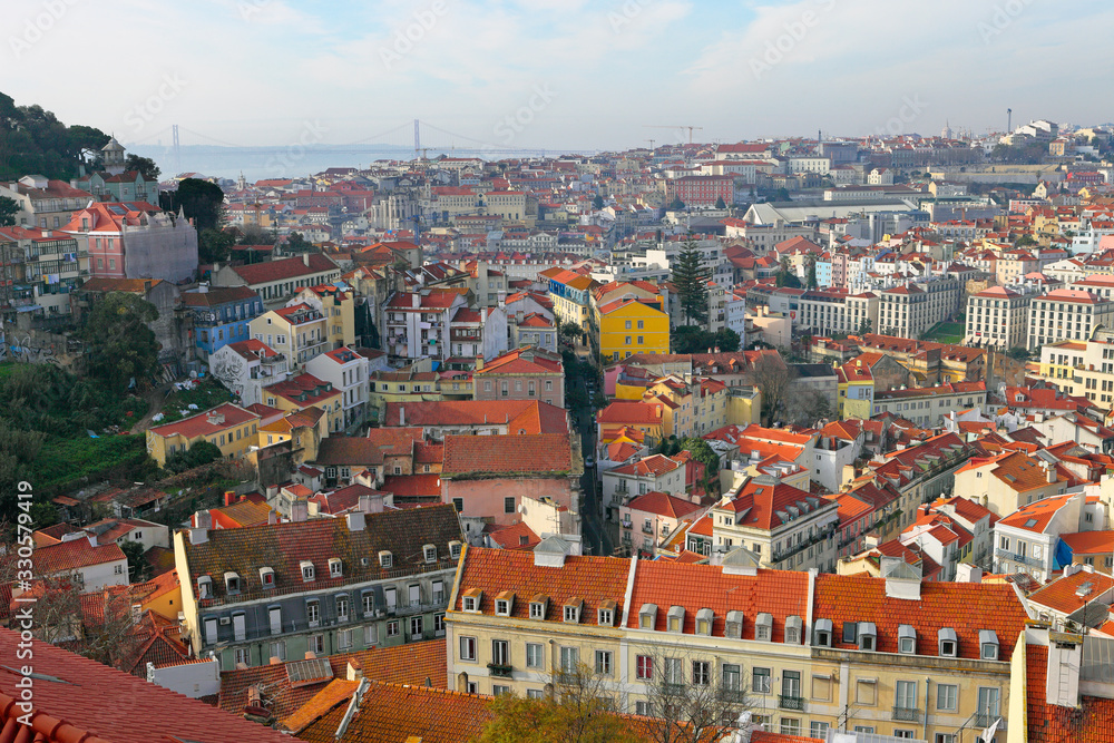 A beautiful morning panorama of Lisbon from the famous Miradouro da Graca viewpoint, Portugal