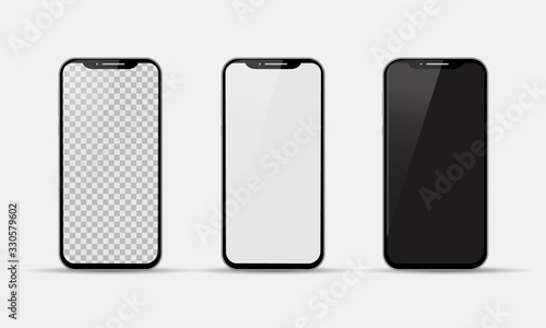 Smartphone mockups with white, black and transparent screen. Realistic device template. Gadget design. Isolated vector illustration.