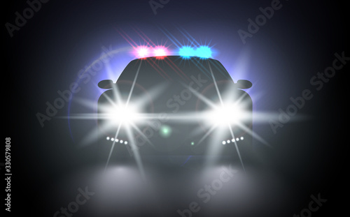 Police car with flashing light realistic composition night urban scenery stylish automobile silhouette with headlights. Flash red and blue light police car. Bright special red blue police light beams.