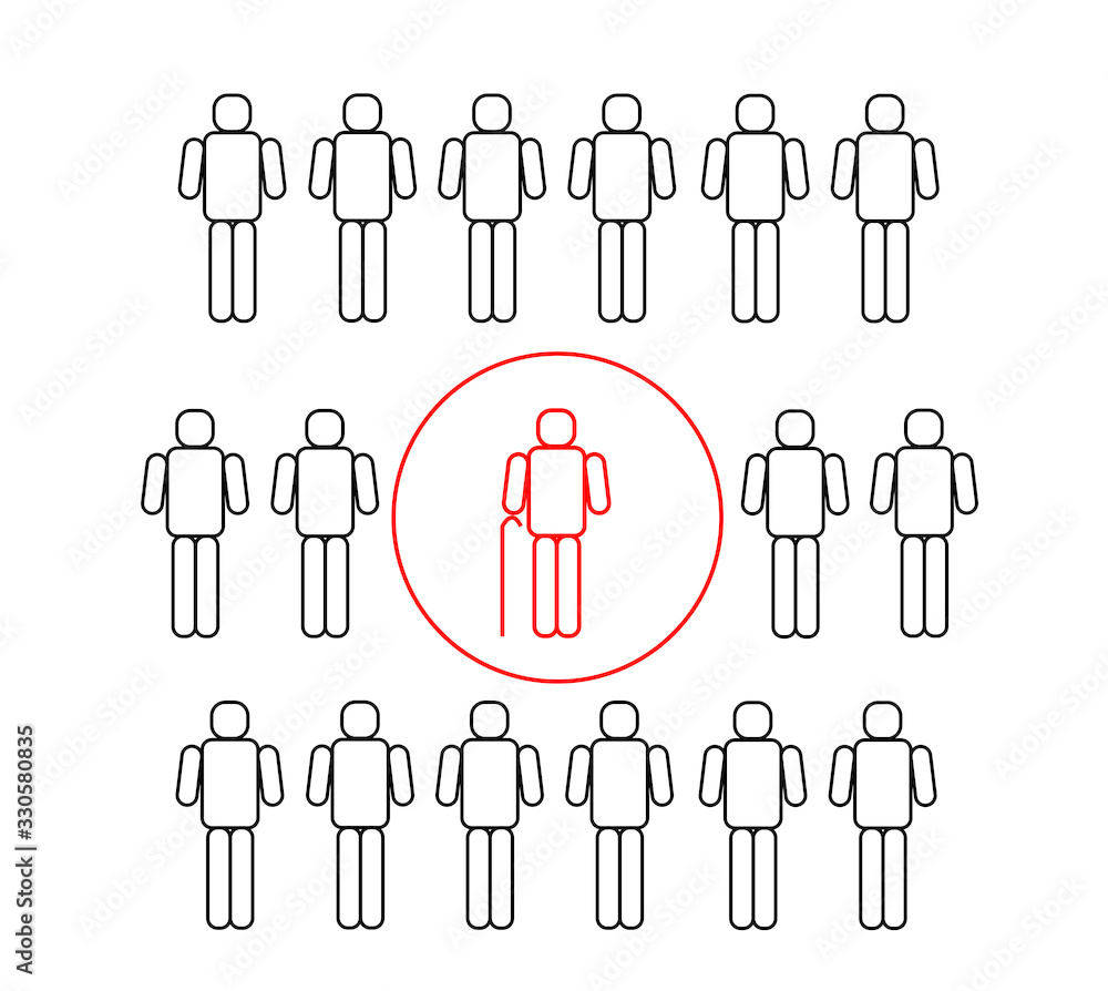 Self isolation of elderly people during the coronavirus COVID19 quarantine. Crowd of people and a red person in the isolated bubble. Concept raster illustration. Self isolation of elderly people during the coronavirus COVID19 quarantine. Crowd of people and a red person in the isolated bubble. Concept raster illustration.