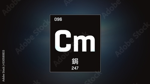 3D illustration of Curium as Element 96 of the Periodic Table. Grey illuminated atom design background with orbiting electrons name atomic weight element number in Chinese language