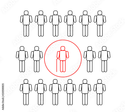 Self isolation of elderly people during the coronavirus COVID19 quarantine. Crowd of people and a red person in the isolated bubble. Concept raster illustration. 