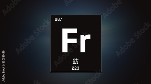 3D illustration of Francium as Element 87 of the Periodic Table. Grey illuminated atom design background with orbiting electrons name atomic weight element number in Chinese language