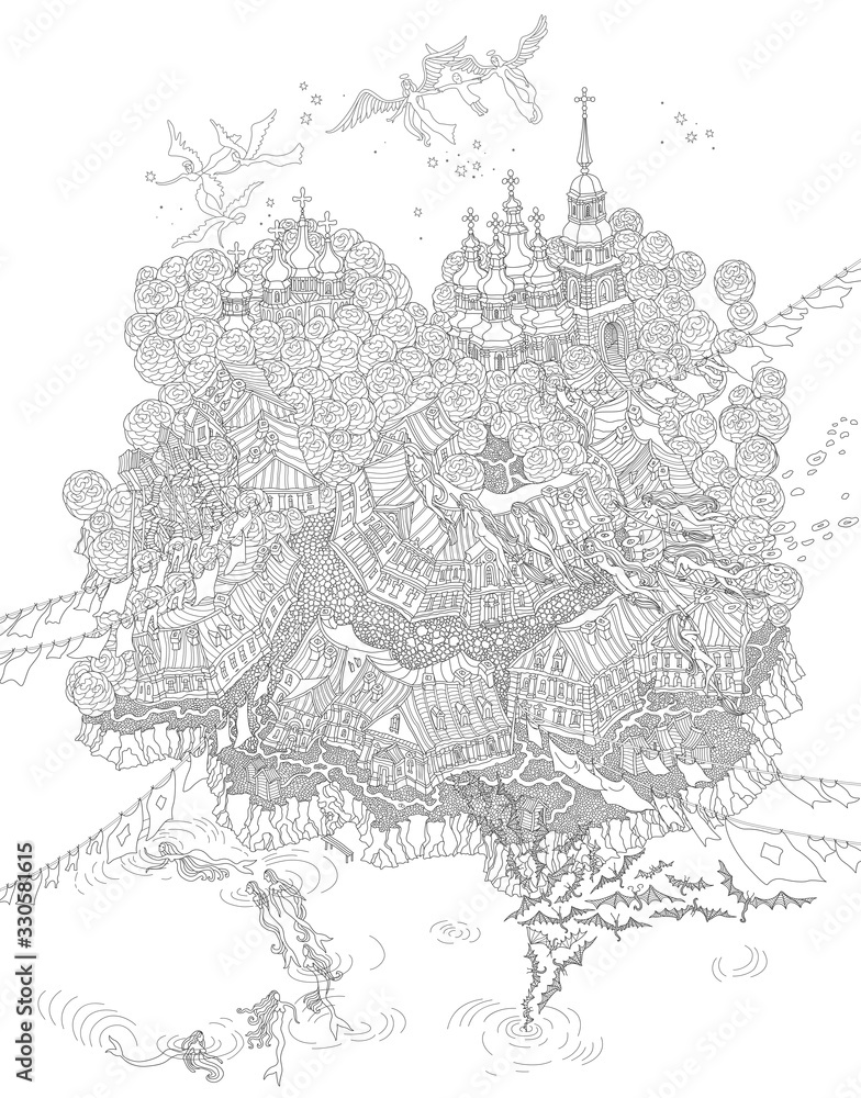 Vector outline contour fantasy landscape, fairy tale small town on the