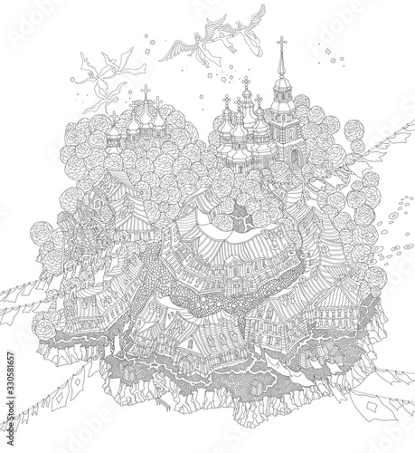 Vector outline contour fantasy landscape, fairy tale small town on the hill, flying angels carrying the human soul. Black and white T shirt print, Adults Coloring Book page 