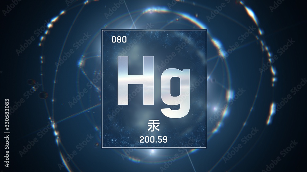 3D illustration of Mercury as Element 80 of the Periodic Table. Blue illuminated atom design background with orbiting electrons name atomic weight element number in Chinese language 3D illustration of Mercury as Element 80 of the Periodic Table. Blue illuminated atom design background with orbiting electrons name atomic weight element number in Chinese language