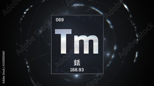 3D illustration of Thulium as Element 69 of the Periodic Table. Silver illuminated atom design background with orbiting electrons name atomic weight element number in Chinese language